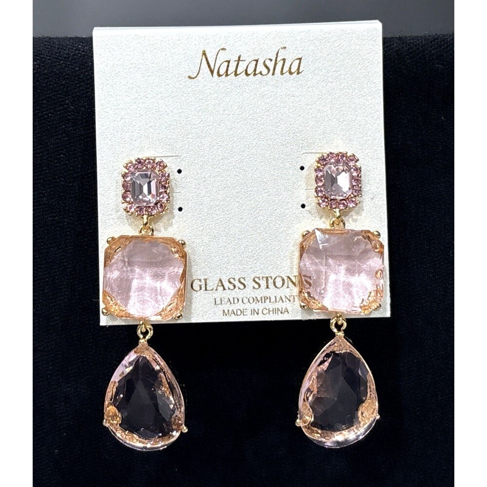 Natasha Drop Earrings Glass Stones Pink Crystal Rhinestone Statement Prom NEW